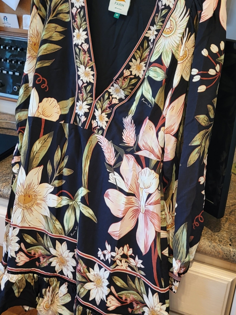 FARM Rio Black Floral V-Neck Dress with Pink and Cream Blooms